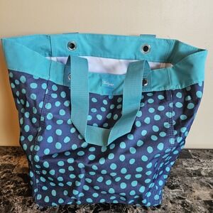 Thirty-One Large Tote Bag Teal Polka Dot Navy Canvas Utility Shopper